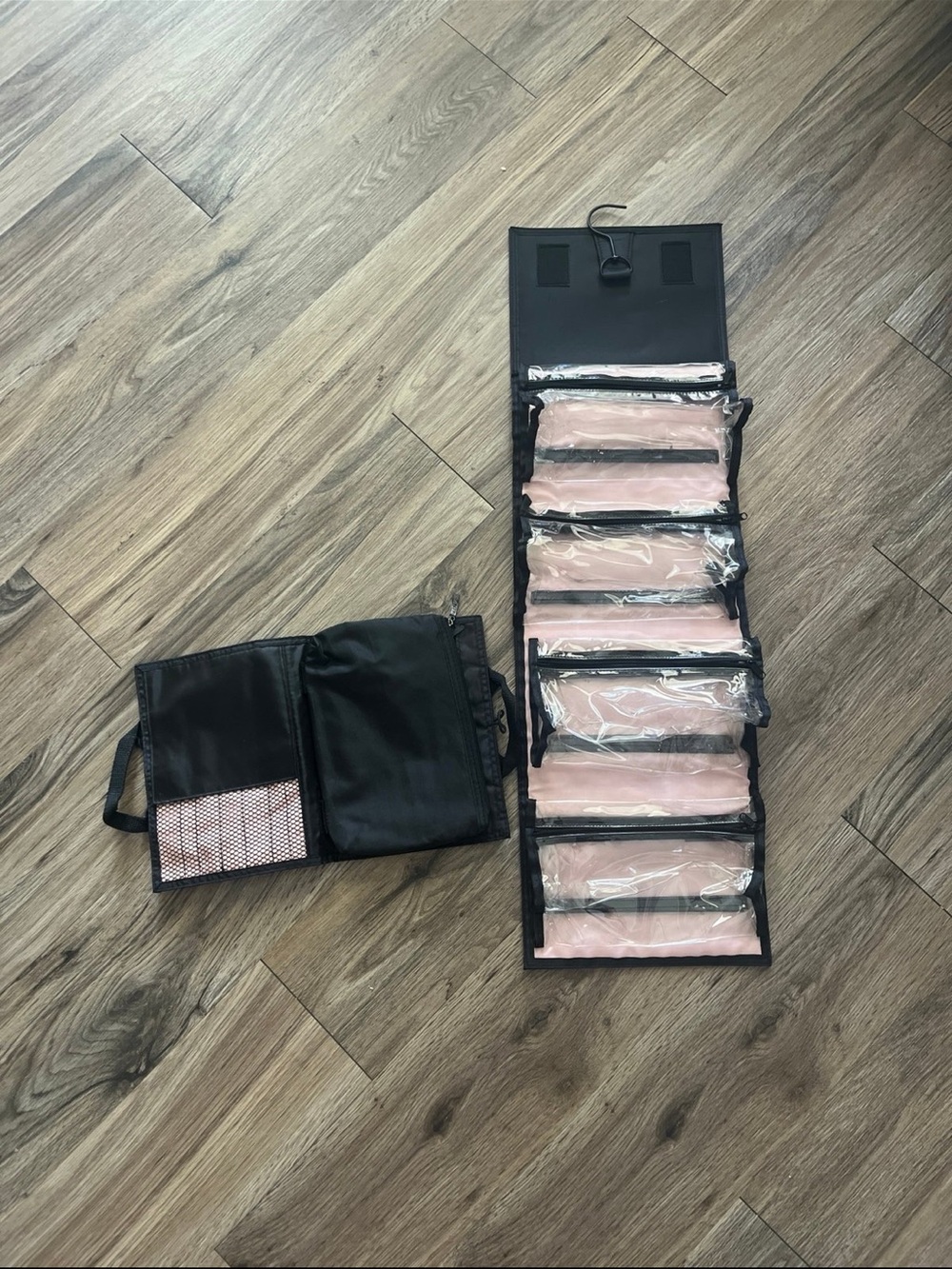 Hanging Travel Organizer Bag in Black with Pink Interior